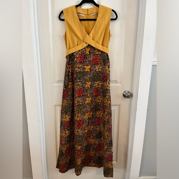 Handmade Vintage 70’s maxi floral dress yellow, & brown empire waist Small EUC​ - Picture 8 of 16